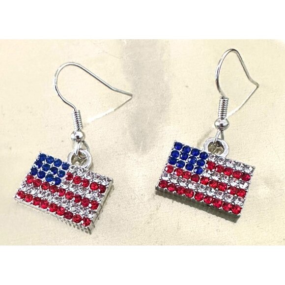 New American Flag Earrings Red Blue Clear Rhinestones Dangle Patriotic J… - Picture 2 of 12